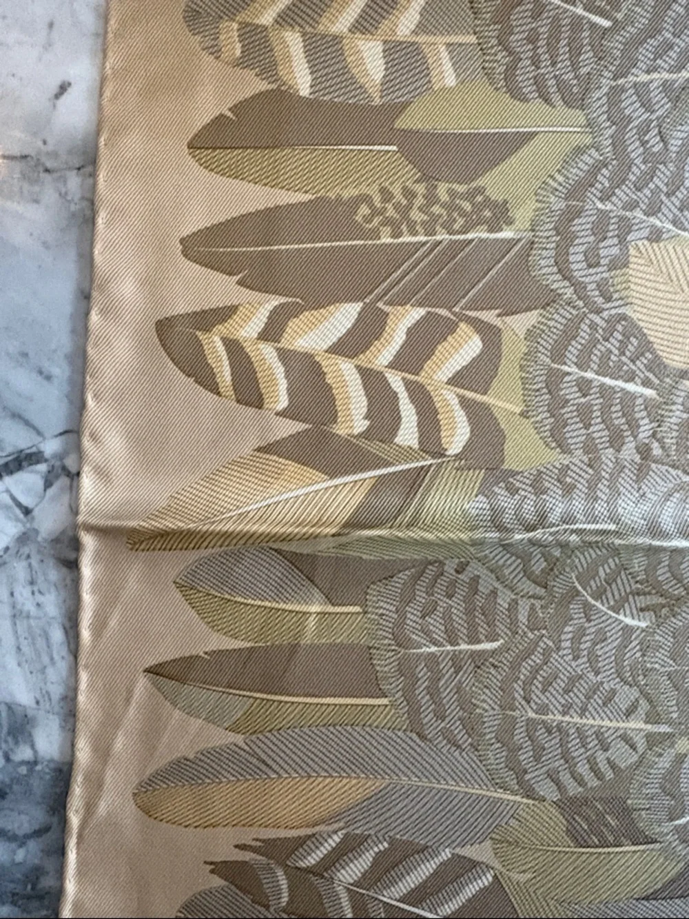 Vintage Holland & Holland Beige Feather Print Silk Scarf